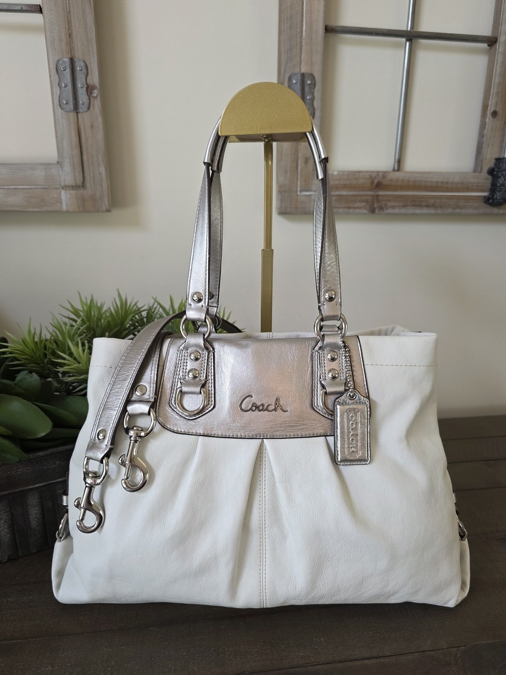 Coach White Leather Tote with Silver Accents